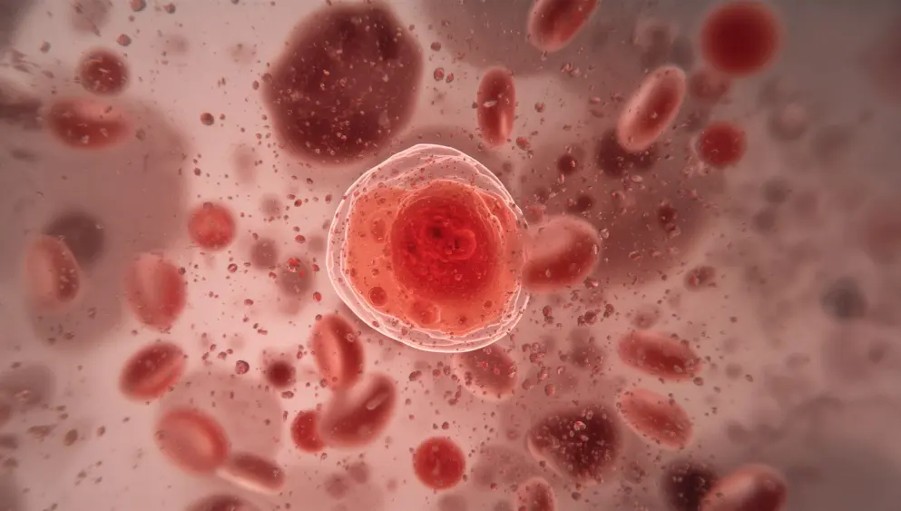 Microscopic view of flame-shaped, red plasma cells typical of multiple myeloma