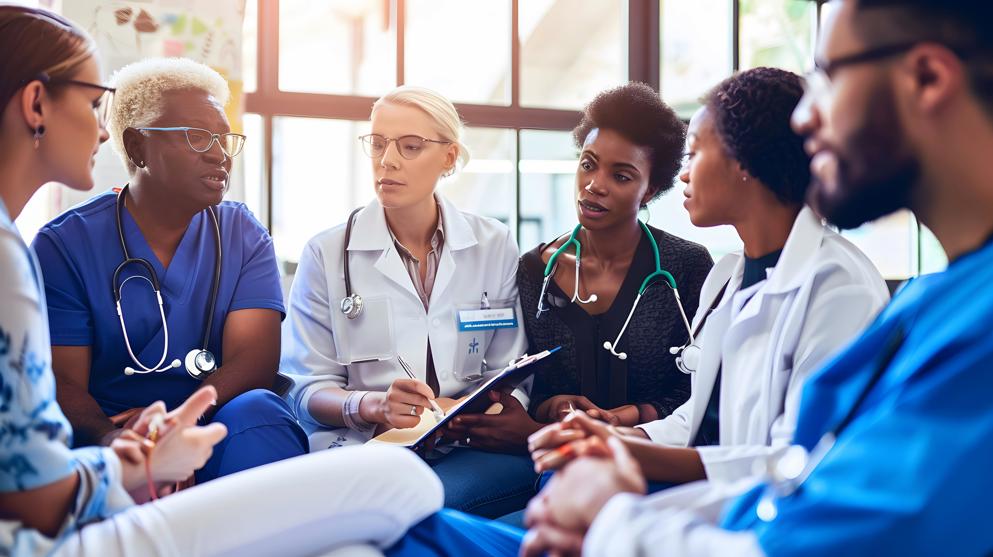 Diverse group of medical professionals engaged in a team meeting, discussing patient care strategies in a bright hospital room.