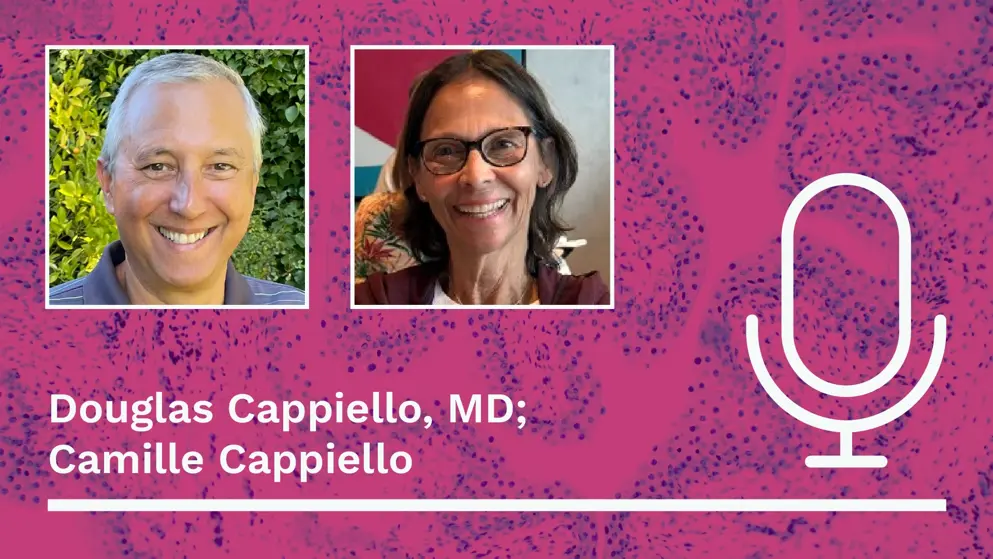 Two square headshots are displayed side by side on a textured magenta background. To the right of the headshots is a white outline of a microphone. Below the images, the text reads: “Douglas Cappiello, MD; Camille Cappiello” in white, with a thin white line underneath. 